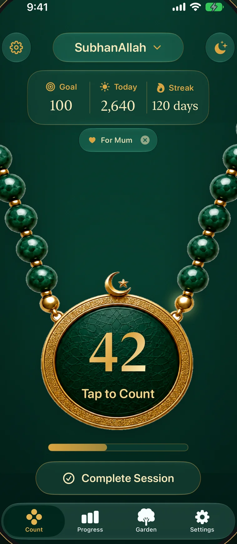 The Dhikr counter screen: an emerald tasbih with golden beads, a large tap-to-count medallion reading 42, and today's goal, count and streak