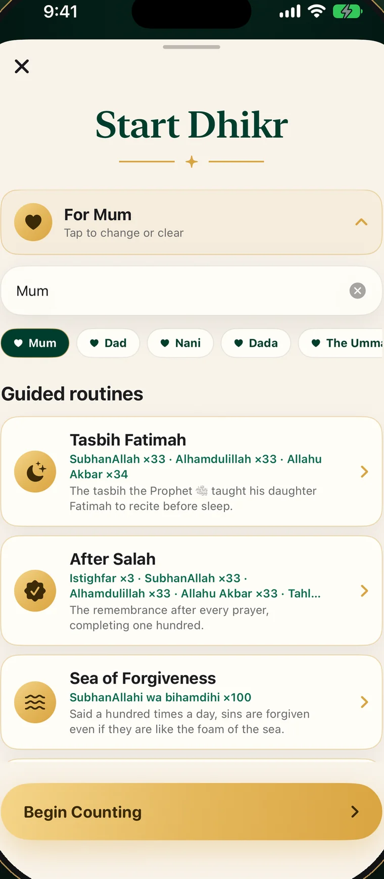 The Start Dhikr sheet: dedication chips for Mum, Dad and Nani above guided routines including Tasbih Fatimah, After Salah and Sea of Forgiveness