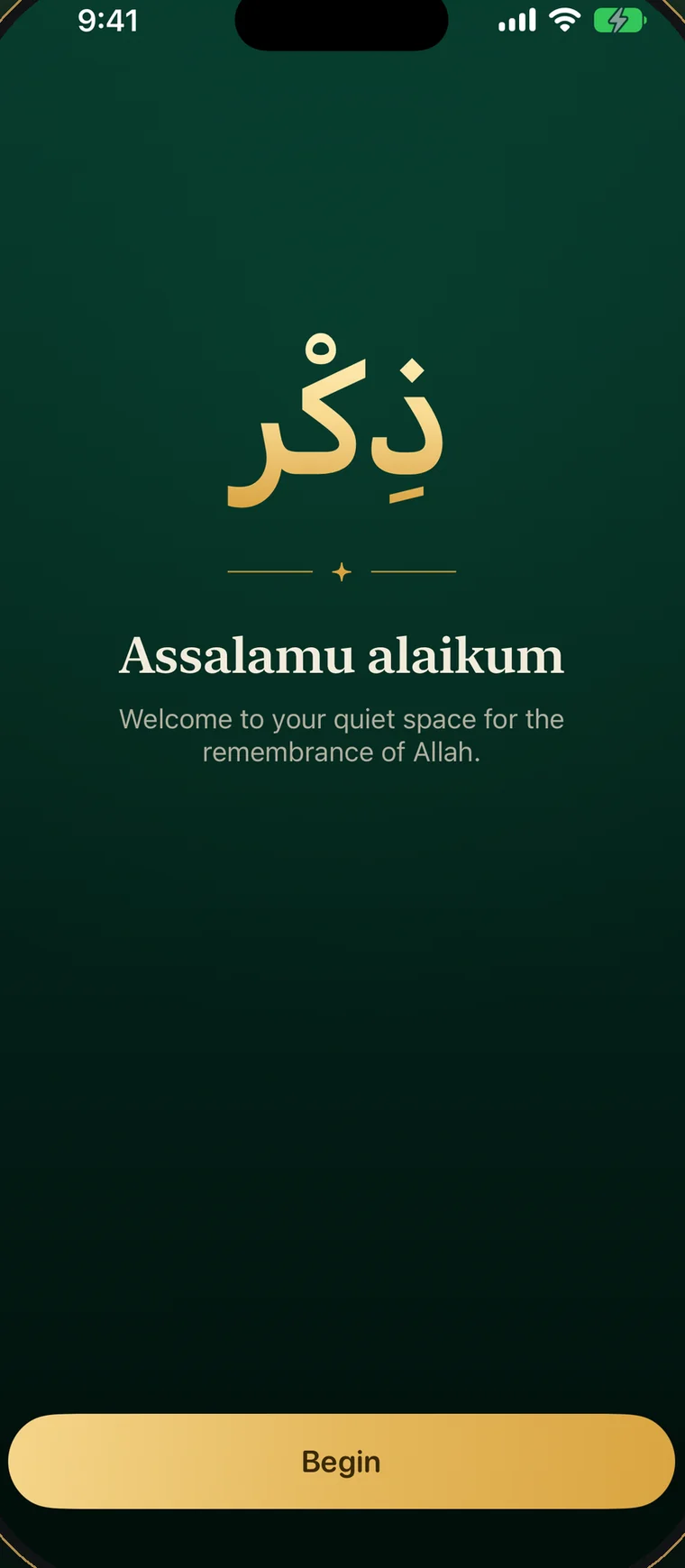 The Dhikr welcome screen: golden Arabic calligraphy reading dhikr above the greeting Assalamu alaikum